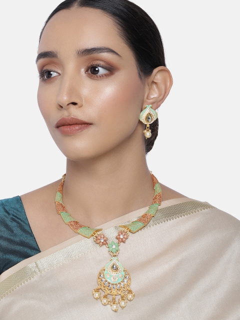 

Peora Green & Orange Gold-Plated Meenakari Handcrafted Jewellery Set