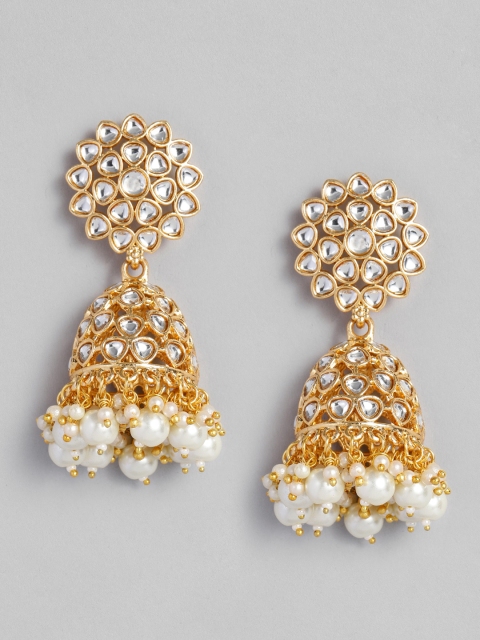

Peora Gold-Plated & White Handcrafted Kundan-Studded and Pearl-Beaded Dome Shaped Jhumkas