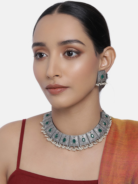 

Peora Green Oxidised Silver-Plated Stone Studded Handcrafted Jewellery Set