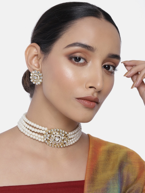 

Peora White Gold-Plated Handcrafted Kundan Choker Necklace & Earrings Jewellery Set