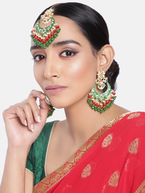 

Peora Gold-Plated Green & Red Meenakari Kundan Handcrafted Enamelled Jewellery Set