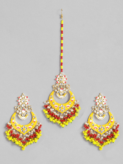 

Peora Gold-Plated & Yellow Kundan Studded Meenakari Jewellery Set