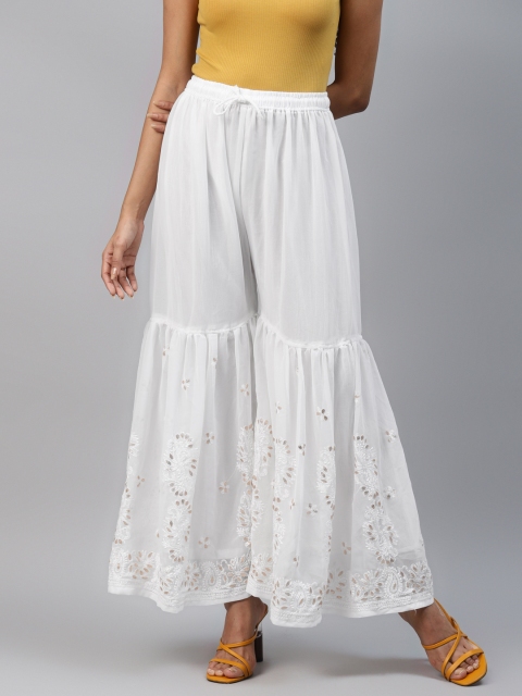 

ADA Women White Ethnic Motifs Hand Embroidered Georgette Ethnic Palazzos
