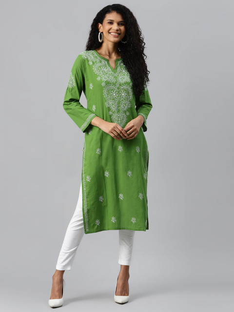 

ADA Women Sustainable Green & White Motif Chikankari Embroidered Handloom Kurta with Trousers