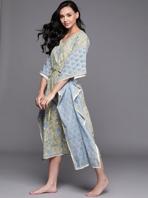

Fabindia Blue & Green Pure Cotton Handblock Print Kaftan Nightdress