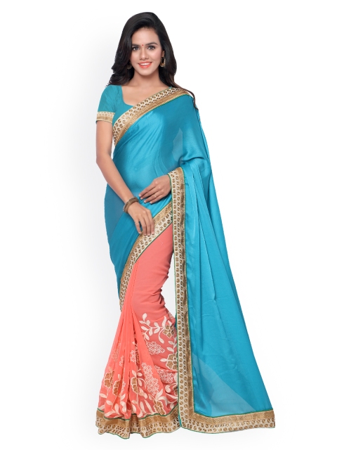 

Colors Blue & Peach-Coloured Embroidered Satin & Georgette Saree