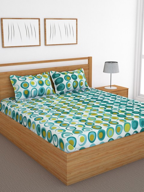 

Bedspun White & Green Geometric 120 TC Cotton 1 King Bedsheet with 2 Pillow Covers