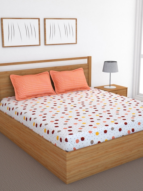 

Bedspun White & Orange Geometric 120 TC Cotton 1 King Bedsheet with 2 Pillow Covers