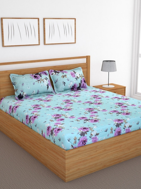 

Bedspun Turquoise Blue & Purple Floral 120 TC Cotton 1 King Bedsheet with 2 Pillow Covers