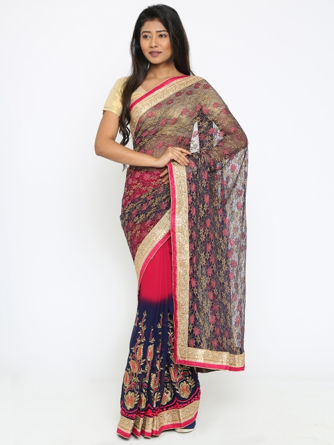 

Colors Navy & Pink Embroidered Georgette & Net Saree, Navy blue