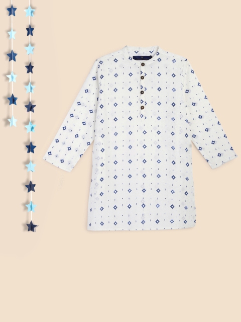 

House of Pataudi Boys White & Blue Block Print Pure Cotton Handloom Kurta