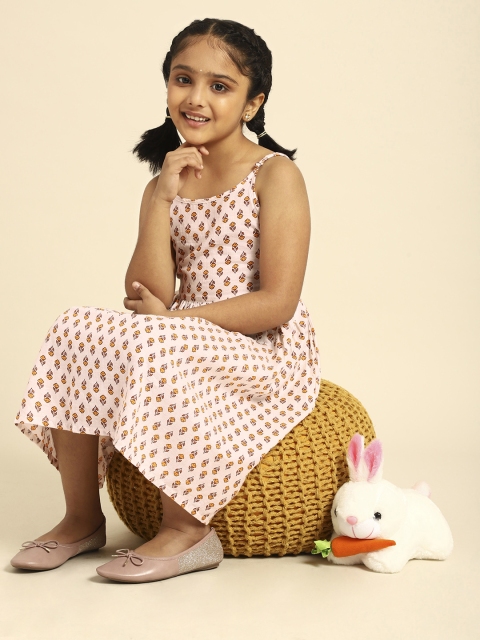 

House of Pataudi White Floral Pure Cotton A-Line Dress