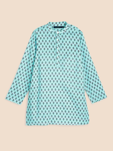 

House of Pataudi Boys Blue & Pink Floral Printed Pure Cotton Rozana Kurta