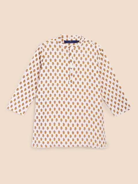

House of Pataudi Boys Off White & Yellow Block Print Pure Cotton Handloom Kurta