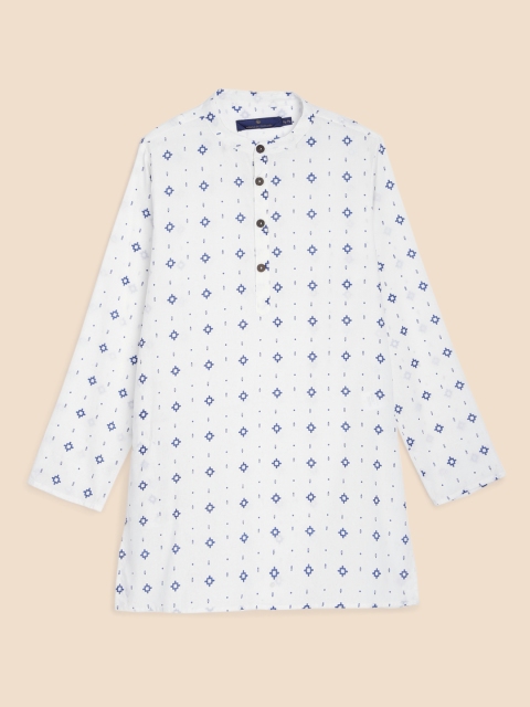 

House of Pataudi Boys White & Blue Block Print Pure Cotton Rozana Kurta