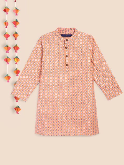 

House of Pataudi Boys Orange Floral Print Pure Cotton Handloom Kurta