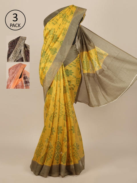 

Pothys Pack of 3 Floral Jute Silk Saree, Yellow