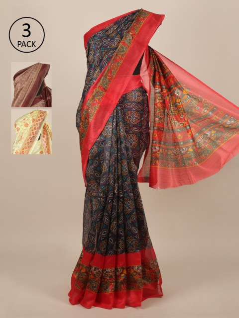 

Pothys Blue Set of 3 Printed Zari Jute Silk Saree