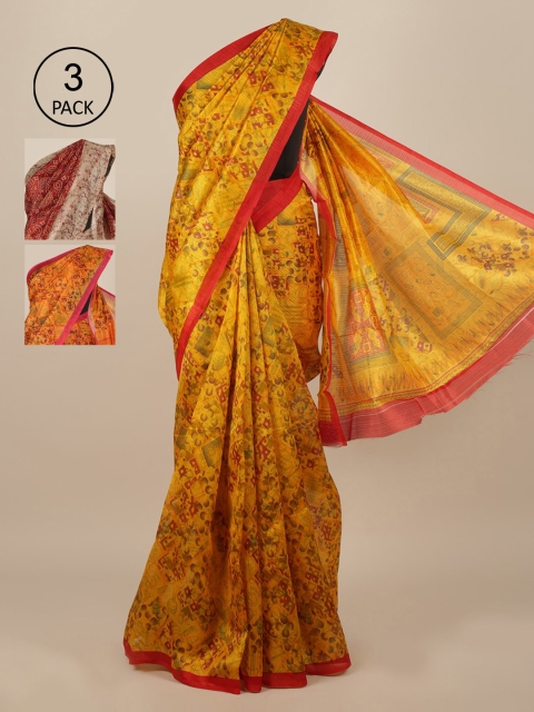 

Pothys Pack of 3 Floral Jute Silk Saree, Yellow