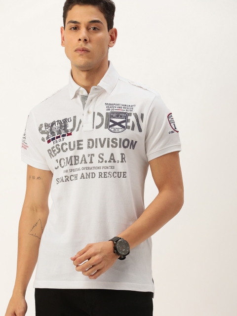 

Burnt Umber Men White Typography Printed Polo Collar Pure Cotton T-shirt