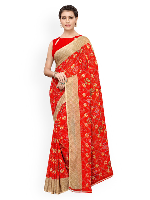 

KALINI Red & Beige Woven Design Pure Georgette Saree