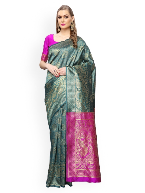 

KALINI Turquoise Blue & Pink Ethnic Motifs Jacquard Poly Silk Banarasi Saree