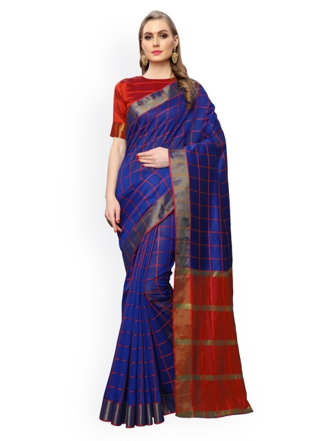 

KALINI Navy Blue & Red Checked Silk Cotton Chanderi Saree