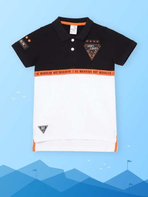 

max Boys White & Black Colourblocked Polo Collar Applique T-shirt