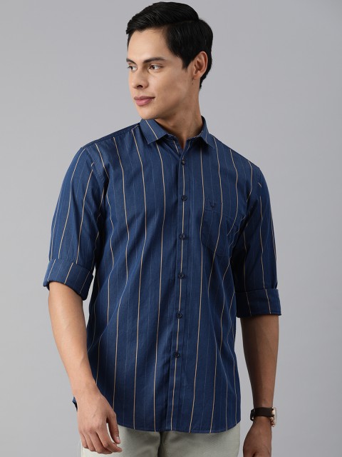 

Allen Solly Men Navy Blue & Beige Striped Pure Cotton Classic Fit Casual Shirt