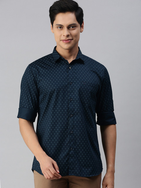 

Allen Solly Men Navy Blue & Yellow Printed Sport Fit Casual Shirt