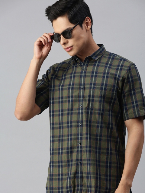 

Allen Solly Men Olive Green & Navy Blue Sport Fit Checked Casual Shirt