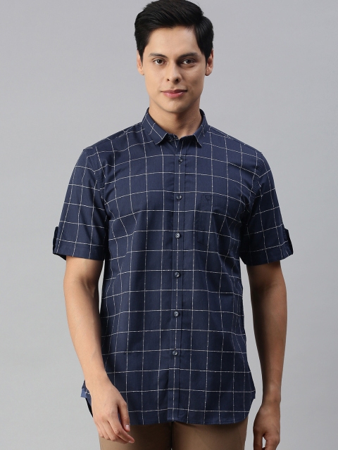 

Allen Solly Men Navy Blue & White Windowpane Checked Sport Fit Casual Shirt