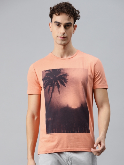 

Allen Solly Men Peach Coloured & Black Printed Slim Fit T-shirt