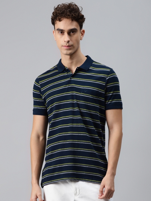 

Allen Solly Men Navy Blue & White Pure Cotton Striped Polo Collar T-shirt