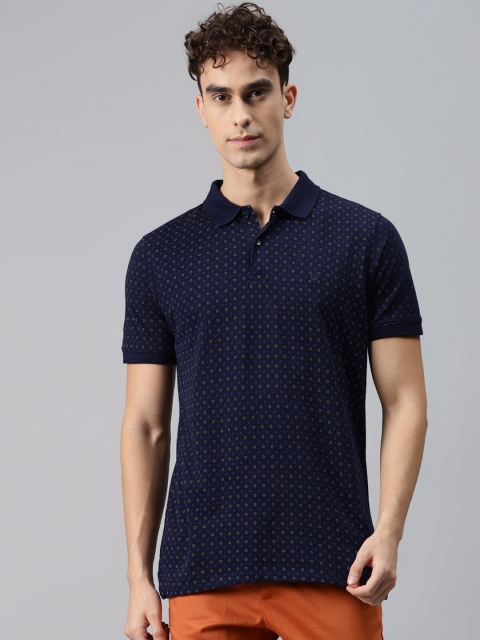

Allen Solly Men Navy Blue & Yellow Printed Polo Collar Pure Cotton T-shirt