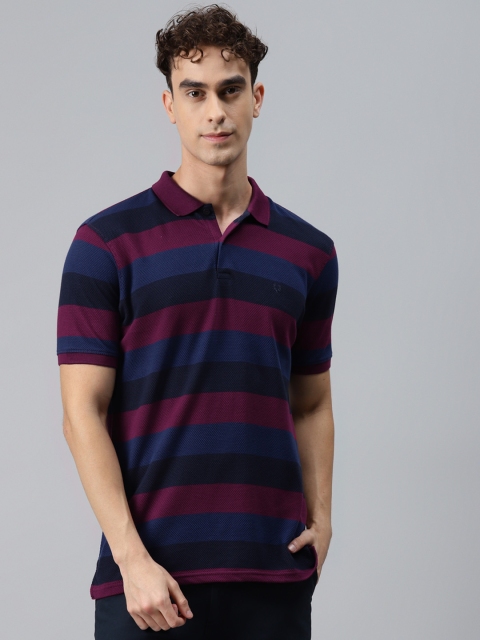 

Allen Solly Men Burgundy & Blue Striped Polo Collar T-shirt