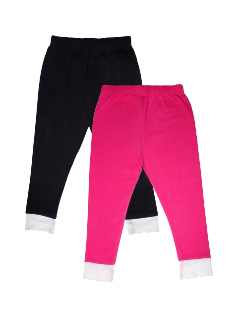

KiddoPanti Girls Pack Of 2 Solid Three-Fourth Length Leggings With Bottom Hem Lace, Black