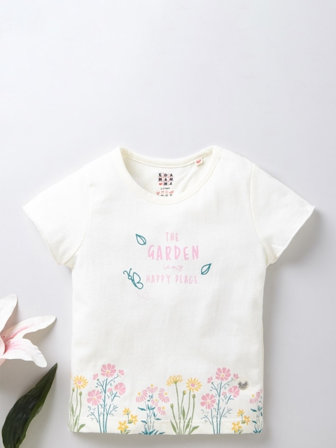 

Ed-a-Mamma Girls Off White Floral Printed Round Neck Sustainable T-shirt