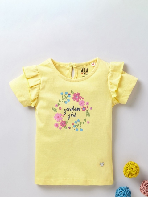 

Ed-a-Mamma Girls Yellow Floral Printed Sustainable T-shirt