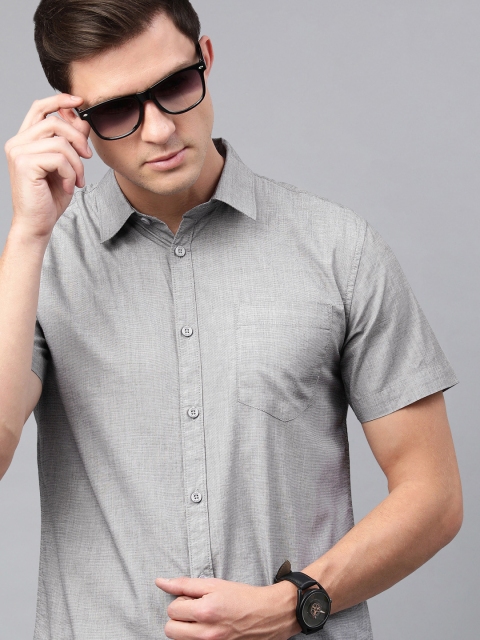 

abof Men Grey Solid Polo Collar Slim Fit Pure Cotton Casual Shirt