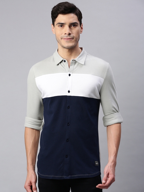 

abof Men Navy Blue & White Colourblocked Regular Fit Casual Shirt