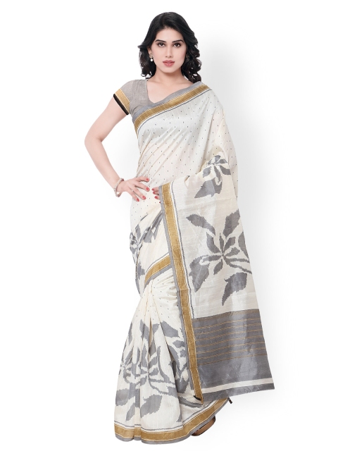 

Saree mall White & Grey Bhagalpuri Art Silk Floral Print Saree