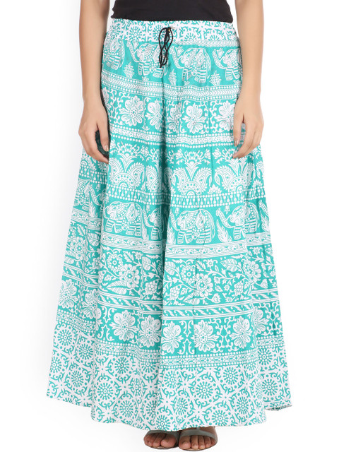 

SOUNDARYA Sea Green Printed Flared Maxi Skirt