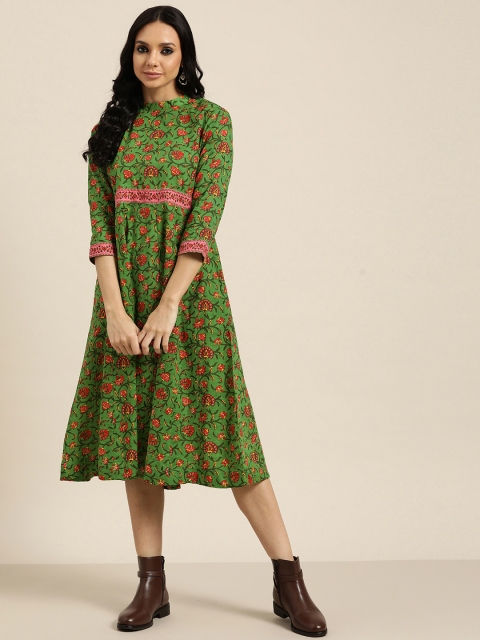 

Sangria Green & Pink Pure Cotton Ethnic Motifs Ethnic A-Line Midi Dress