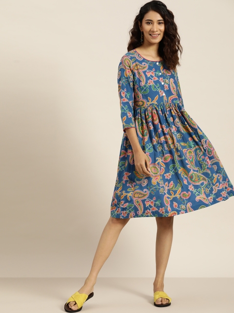 

Sangria Blue & Mustard Yellow Ethnic Printed Pure Cotton A-Line Knee Length Dress