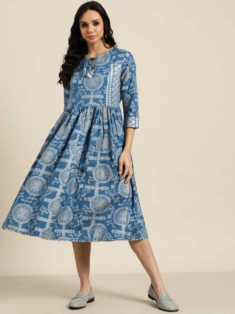 

Sangria Blue & Silver Pure Cotton Ethnic Motifs Printed Tie-Up Neck A-Line Dress