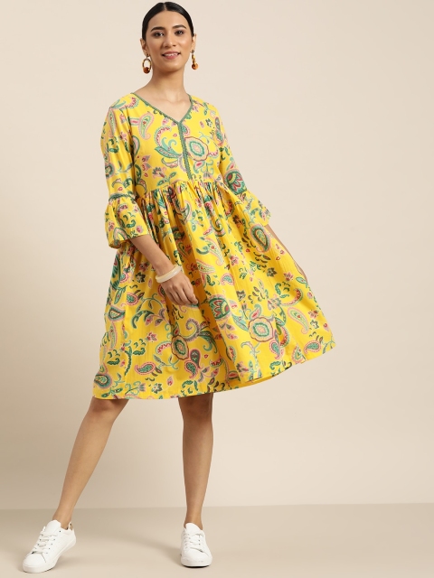 

Sangria Women Yellow & Green Ethnic Motifs Print Pure Cotton Fit & Flare Dress