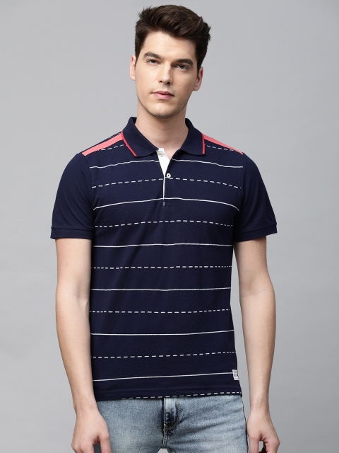 

abof Men Navy Blue & White Striped Polo Collar T-shirt