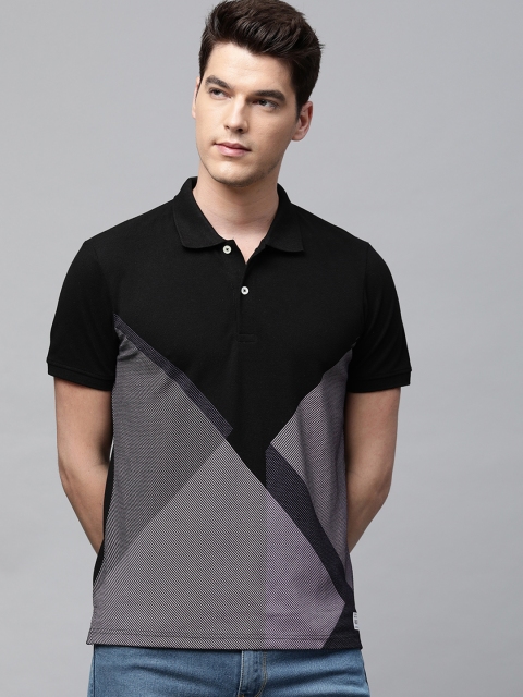 

abof Men Black & Grey Colourblocked Polo Collar T-shirt