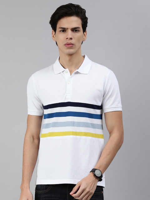 

abof Men White & Blue Striped Polo Collar T-shirt